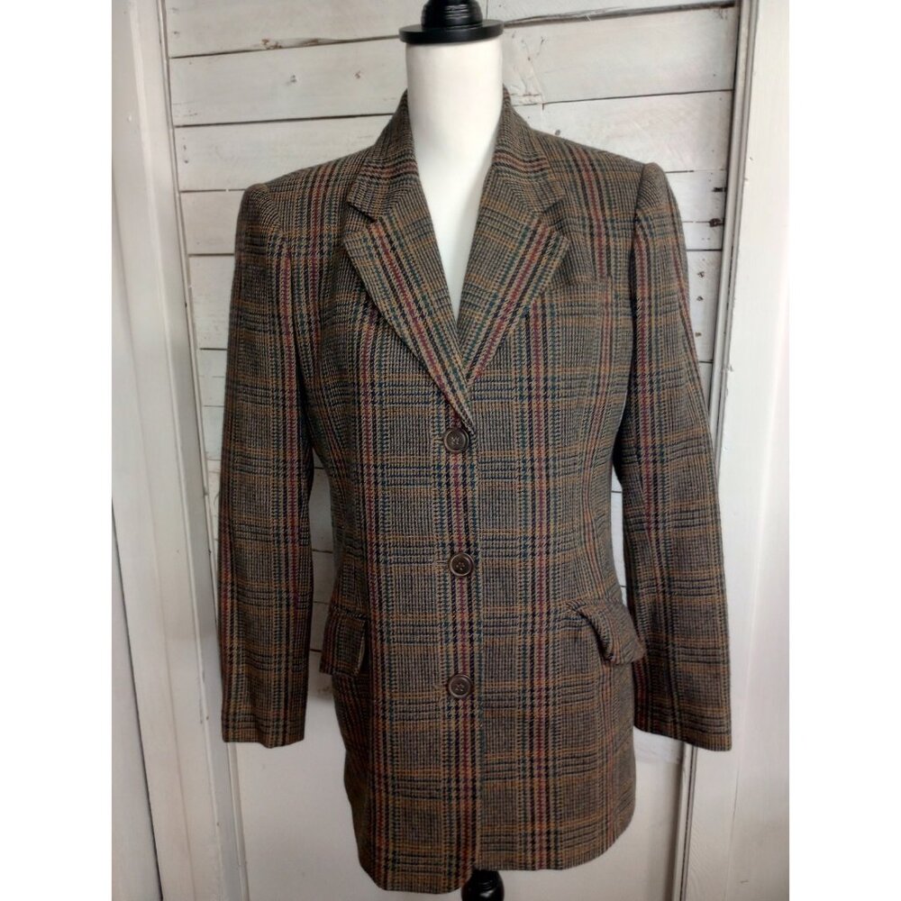 Vintage White Stag Blazer Jacket Size 6 Brown Houndstooth Wool Blend